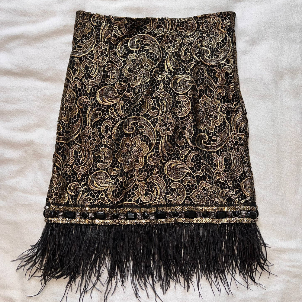 Tesoro Moda 20's Flapper Style Gold/Black Jeweled/Fringe Straight Skirt NWT- M